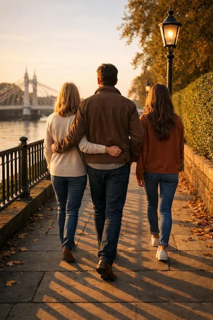 A man walking along a riverside path with his wife and daughter, autumn light, Albert Bridge in the background — a family reunited and moving forward