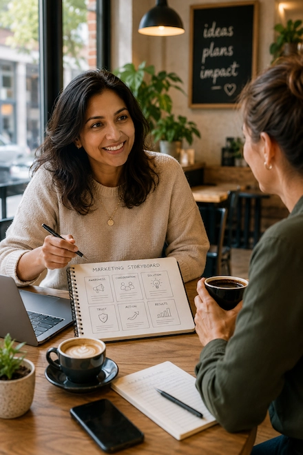A marketing business owner in a café discussing her business plans with a colleague — warm, confident, moving forward