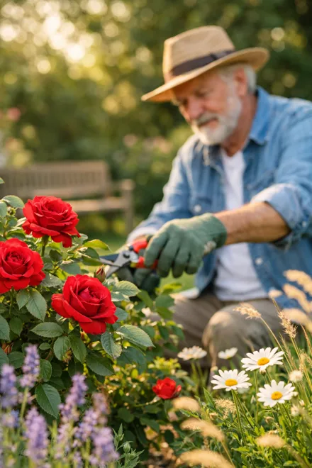 Retired man tending to roses in a sunlit garden