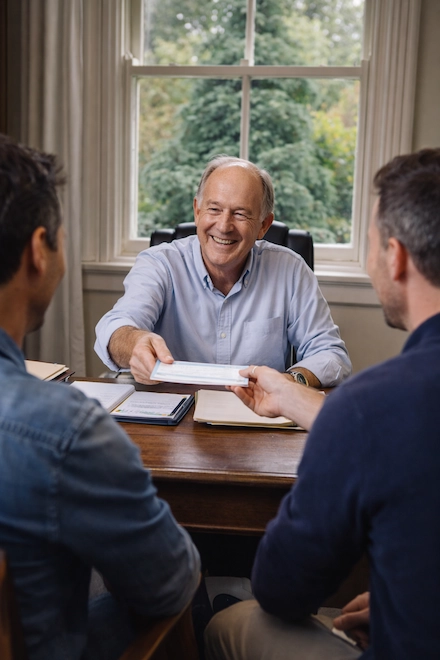 Adviser handing document to two directors across a desk — representing the resolution of a complex company closure