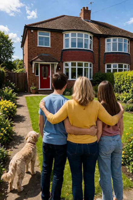 A mother and her two children looking at their home together