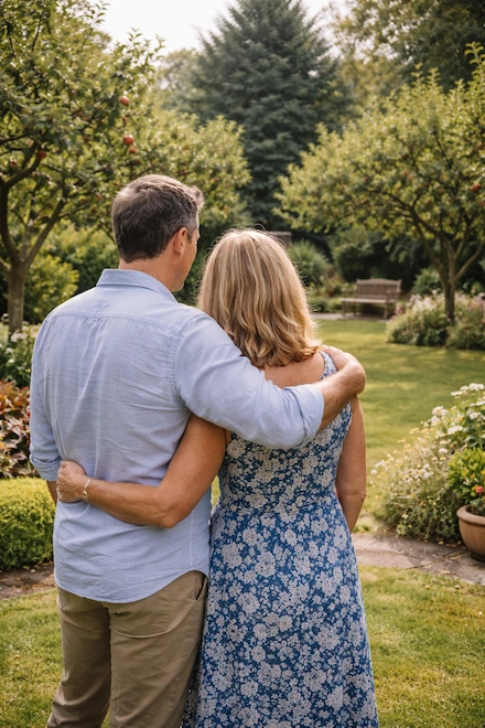 A couple standing together in a garden, looking forward — representing the resolution George and Grace found after their property portfolio debt