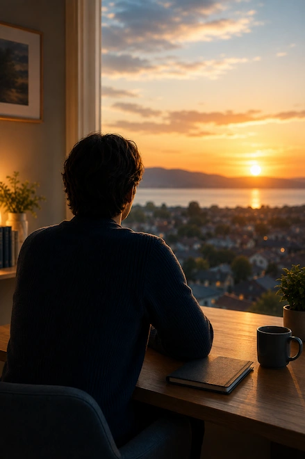 A figure seated at a desk, looking out through a large window at a sunset over a coastal town — calm and resolved after a difficult period