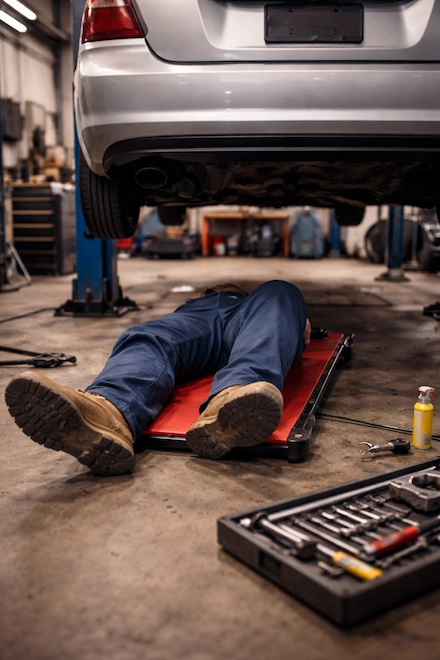 Mechanic working under a car in a family garage