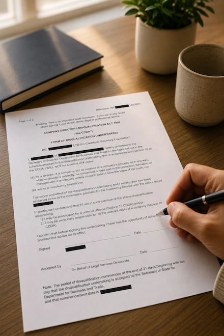 Director reviewing documents at a desk — representing the careful evidenced approach that secured a reduction in the voluntary undertaking