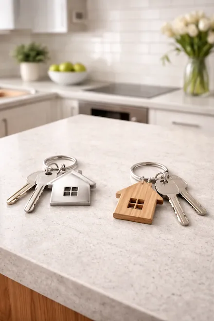 Two house key fobs on a kitchen worktop — suggesting a property sale and a new start