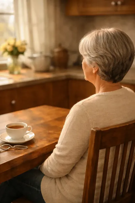 Older woman sitting quietly at a kitchen table with a cup of tea, warm morning light through a window — a moment of calm after a difficult time