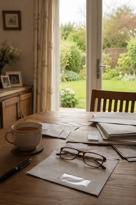 A kitchen table with unopened letters, a cup of tea and a pair of reading glasses — a quiet domestic scene following a bereavement