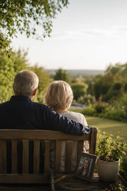 An older couple sitting side by side on a garden bench, looking out over a peaceful garden in warm afternoon light