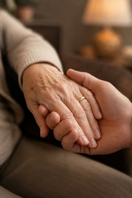 An older hand and a younger hand held together in comfort — a quiet moment of family support