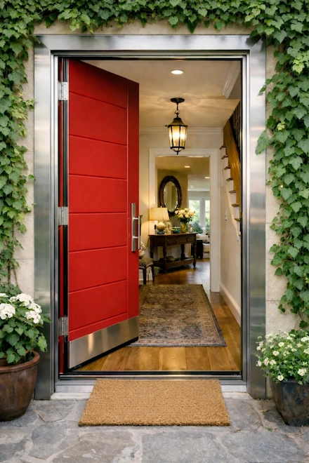A red front door opening into a warm, welcoming hallway — home protected