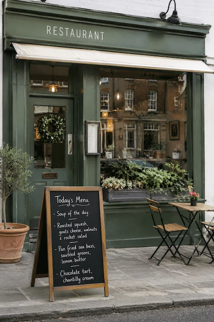 Exterior of an independent Bristol restaurant — green painted frontage with chalkboard menu and outdoor seating