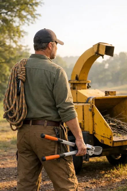 Tree surgeon standing beside a wood chipper in morning light — tools of trade protected throughout bankruptcy