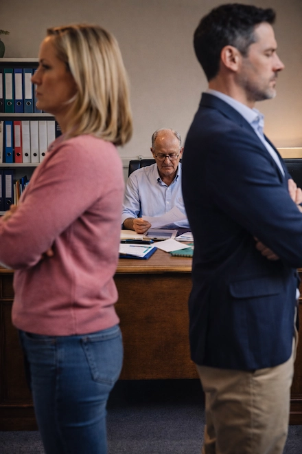 A couple standing apart while an adviser works at a desk in the background — representing the complexity of business and personal decisions made under personal and financial pressure