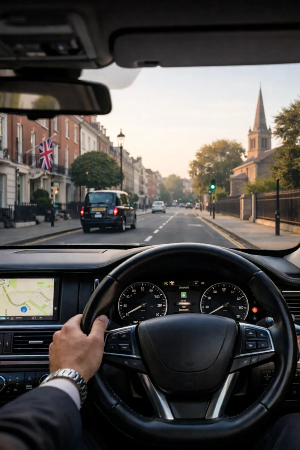 View from the driver's seat of a private chauffeur vehicle on a London street